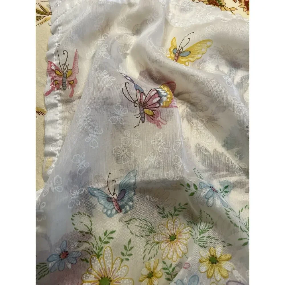 Vintage Two Panel Sheer Floral Butterfly Window Valance Curtain Set